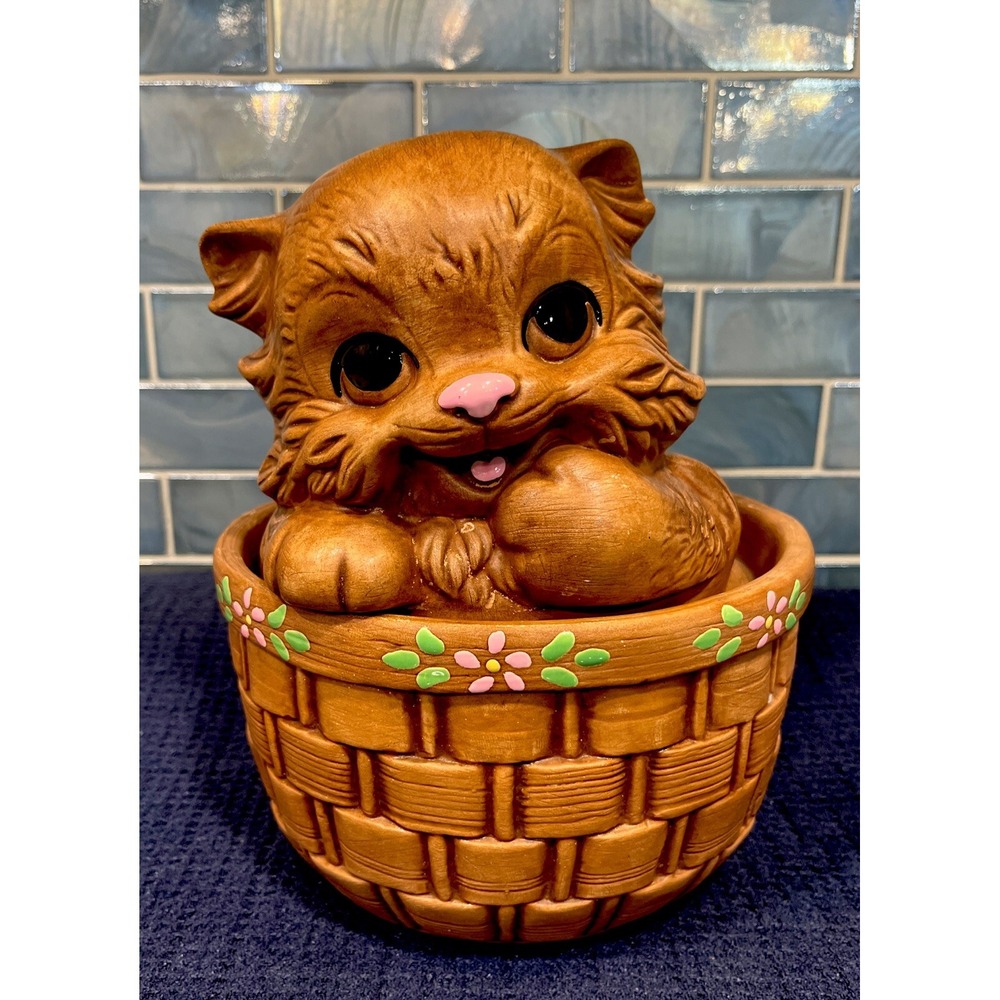 Vintage Twin Winton California Pottery Brown Cat Kitten In Basket Cookie Jar EUC